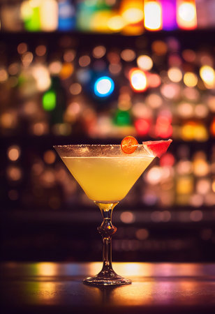 A delicious refreshing yellow cocktail with ice and fruit, chilled. located on the bar, in the background bar with alcohol and bottles. Bokeh-style background, focusing on the cocktailの写真素材