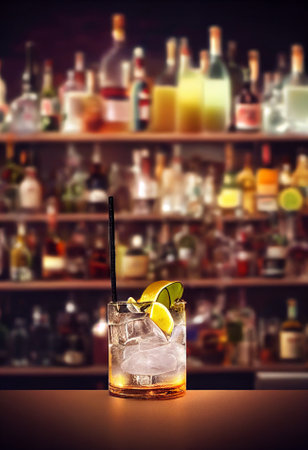 A delicious refreshing yellow cocktail with ice and fruit, chilled. located on the bar, in the background bar with alcohol and bottles. Bokeh-style background, focusing on the cocktailの写真素材