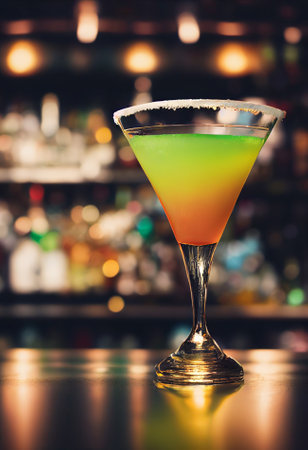 A delicious refreshing colored cocktail with ice and fruit, chilled. located on the bar, in the background bar with alcohol and bottles. Bokeh-style background, focusing on the cocktailの写真素材
