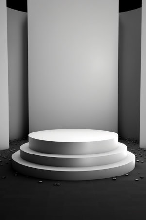 White podium on black background. 3d rendering. abstract background.の素材