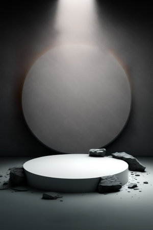 3d render, abstract minimal geometric shapes. Glossy white podium for your design in dark room with sun raysの素材