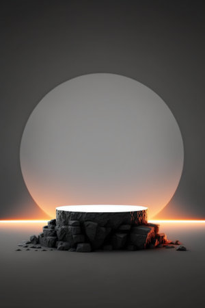 3d render of a round podium on a gray background with a light beam.の素材