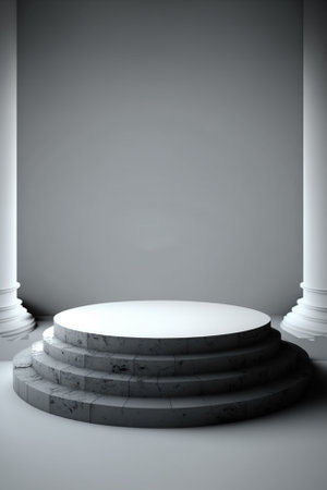 3d render of a round podium in a room with columns.の素材