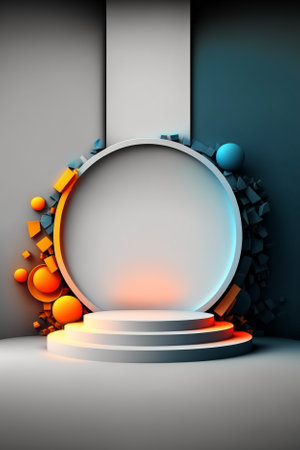 3d render, abstract background, round podium, blue and yellow elementsの素材