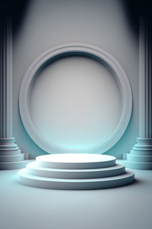 Podium and round arch in the dark room. 3D renderingの素材