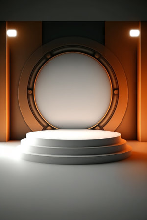 Round podium with glowing lights in dark room. Mockup, 3D Renderの素材