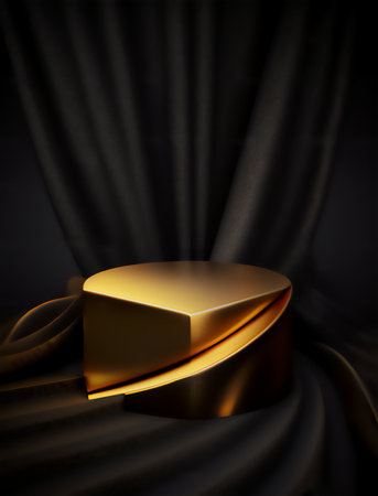 Golden podium on a black background with drapery. 3d renderingの素材
