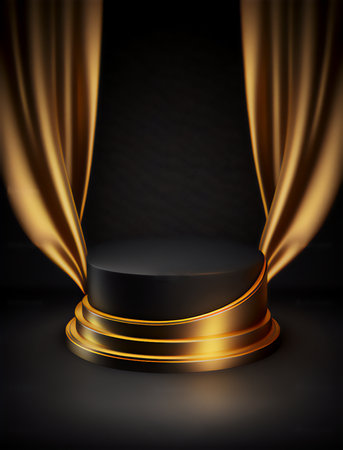 Realistic 3d Golden Stage Podium Scene with Curtain. vector illustrationの素材