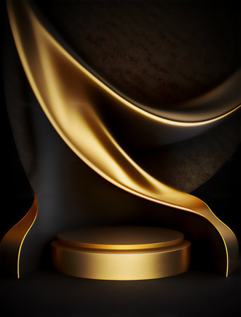 Abstract 3d render of golden podium for product presentation. Black background.の素材