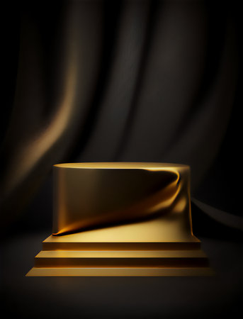 golden podium on a black background. 3d rendering, 3d illustration.の素材