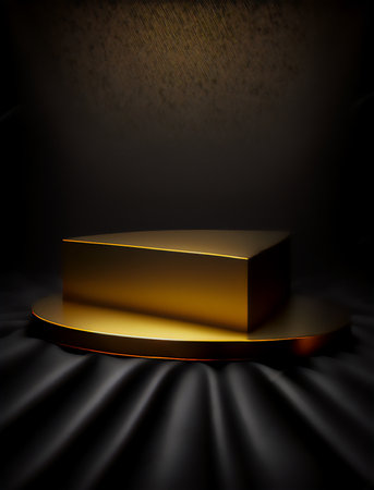 3d render of golden podium on black background. luxury background.の素材