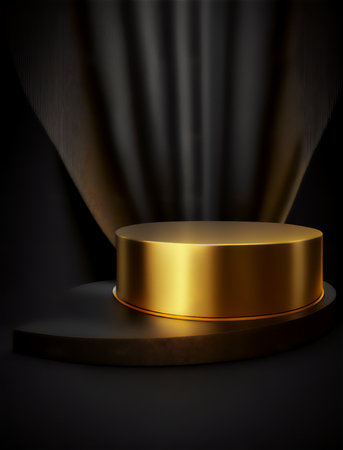 Golden podium on black background with drapery. 3d renderingの素材
