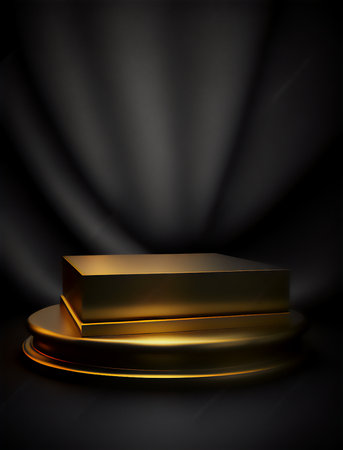 Golden podium with drapery on black background. vector illustration.の素材