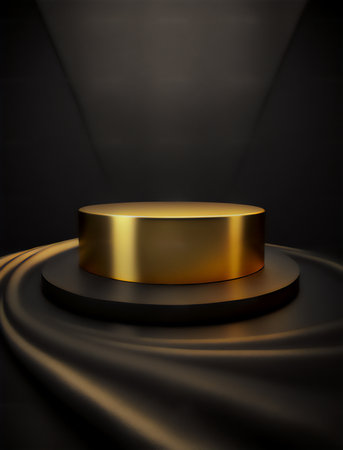Golden podium on black silk background. 3d render, abstract background.の素材