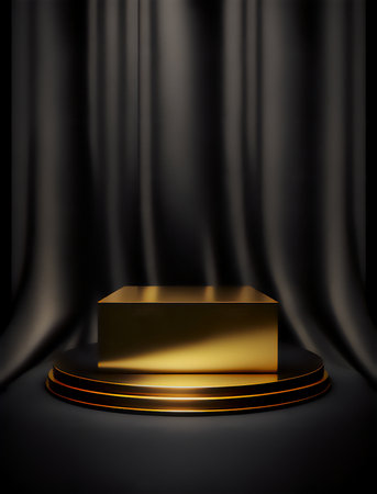 Golden podium on black curtain background. Realistic 3d vector illustrationの素材