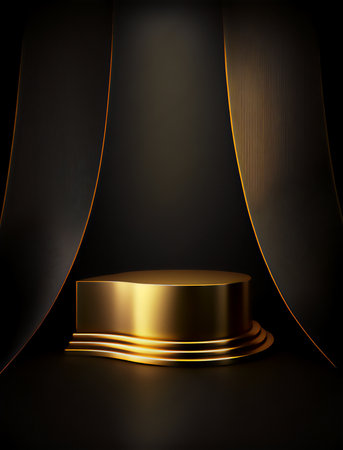 Black background with golden podium and black curtain. 3d rendering.の素材