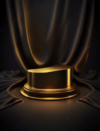 Golden podium with drapery on dark background. 3d renderingの素材