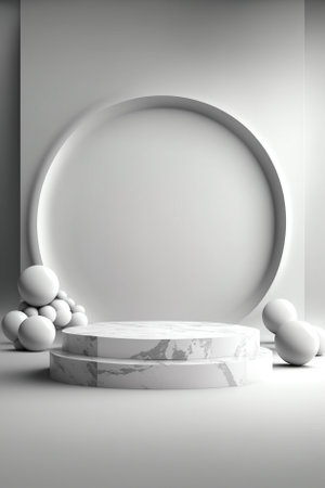 3d render, abstract minimal scene with white marble podiums, geometric shapes.の素材