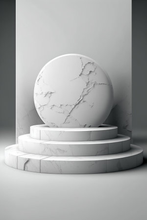 3d render of white marble podium with marble texture on gray backgroundの素材