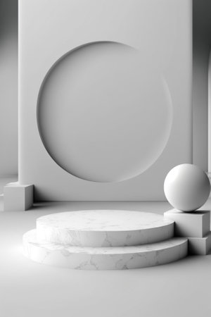 Minimal scene with white marble podium and circle. 3D renderingの素材