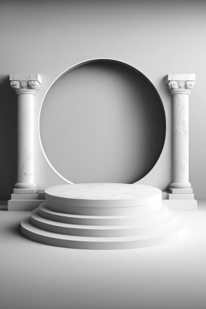 Round podium with marble columns and arches in white room. 3d renderingの素材