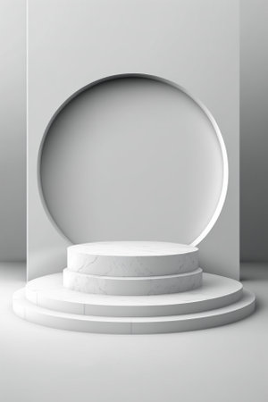 White round podium with circle on gray wall background. 3D renderingの素材
