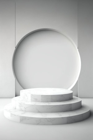 Abstract minimal scene with white marble podium on gray background. 3d renderingの素材