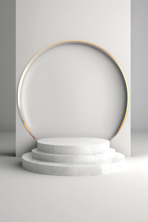 3d render of white podium with gold ring on gray wall backgroundの素材