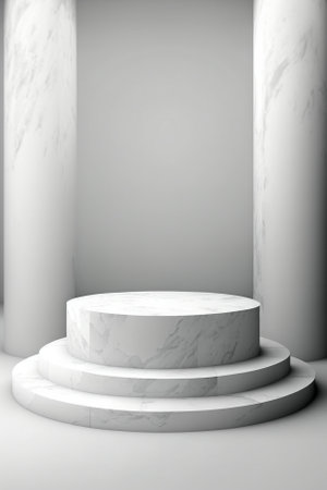 3d render of white marble podium with shadow on gray wall backgroundの素材