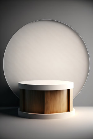 Round wooden podium for product presentation. 3D rendering. Mock up.の素材