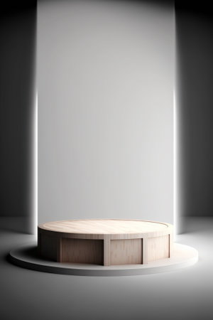 Round wooden podium in empty room. 3D rendering. Mock up.の素材
