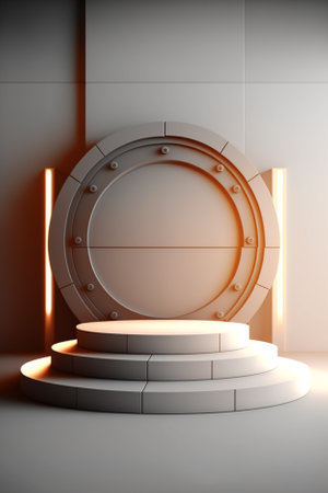 3D rendering of a round metal vault door in an empty room.の素材
