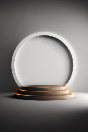 Round podium with gold color on gray background. 3D rendering.の素材