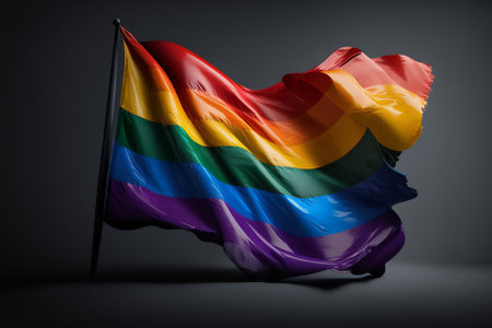 Rainbow flag waving in the wind on dark background. 3d renderingの素材