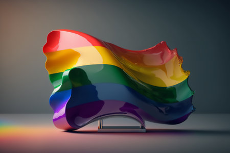 3d rendering of a gay pride flag on a stand on gray backgroundの素材
