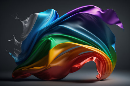 3d rendering of colorful cloth flying in the wind on dark backgroundの素材
