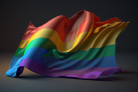 3d rendering of rainbow flag fluttering in the wind on dark backgroundの素材