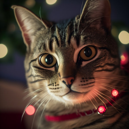 Cute cat in front of christmas tree with bokeh lightsの素材