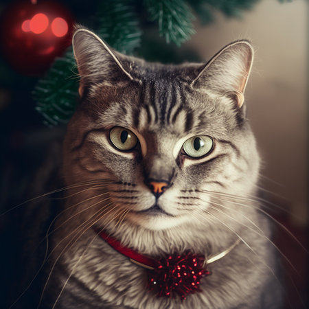 Cute tabby cat in a red collar on the background of a Christmas treeの素材