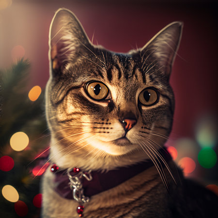 Portrait of a cat in a bow tie with Christmas tree on background.の素材