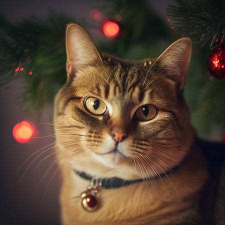 Portrait of a red cat with a Christmas tree on the backgroundの素材