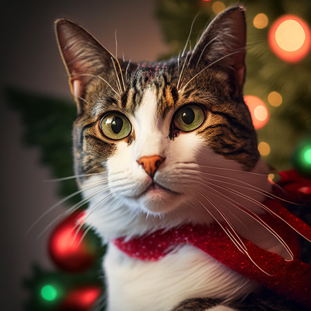 Portrait of a cat in a red scarf on the background of a Christmas tree.の素材