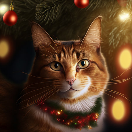 Christmas cat with Christmas tree and lights on background. 3D illustration.の素材