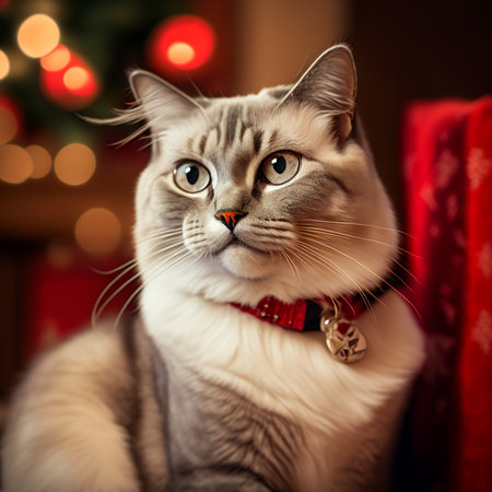 Portrait of beautiful cat on the background of the Christmas tree.の素材