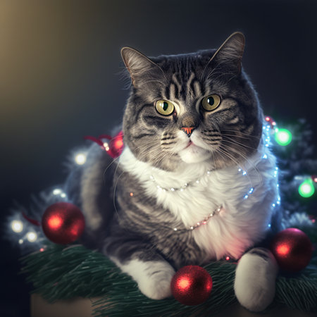 Portrait of a tabby cat with Christmas decoration on a dark background.の素材
