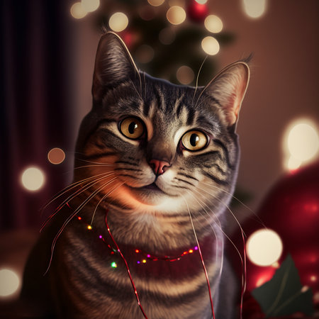 Cute tabby cat with Christmas lights on the background of a Christmas tree.の素材
