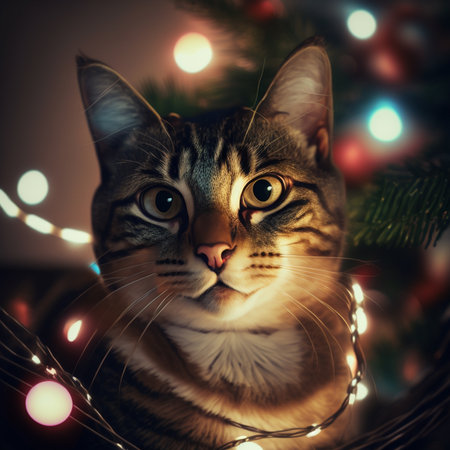 Portrait of a cat with Christmas lights on a background of a Christmas treeの素材