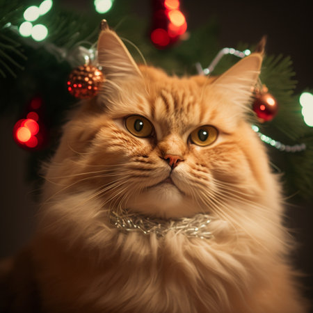 ginger maine coon cat with christmas tree on backgroundの素材