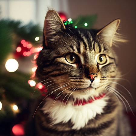 Cute tabby cat with Christmas tree and lights on background.の素材