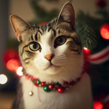 Cute tabby cat with christmas tree and lights in backgroundの素材